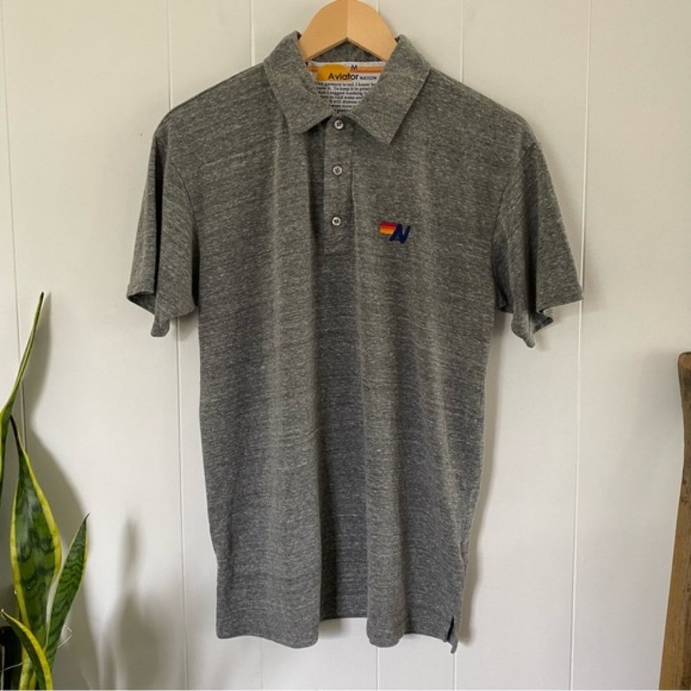 Aviator Nation Polo Heather Grey Shirt Logo Vintage Feel Embroidered Button